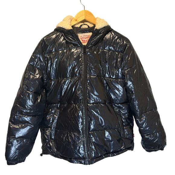 Levi's High Shine Black Zip Front Puffer Jacket - size Large - Picture 1 of 9